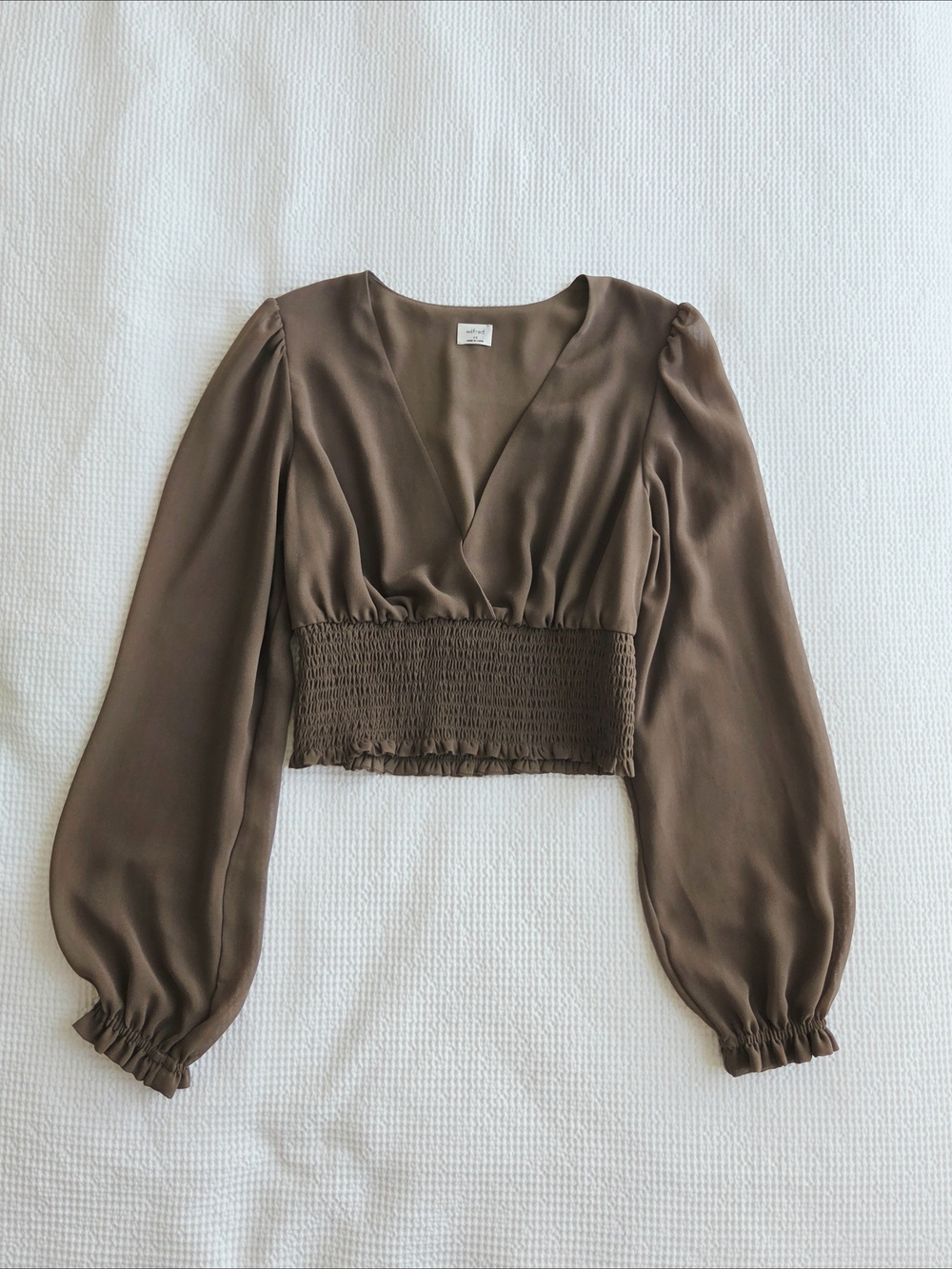 Aritzia Wilfred Brown V-Neck Smocked Waist Long Sleeve Blouse